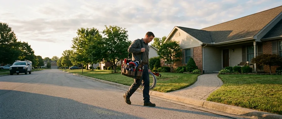 early-morning wide shot of a suburban street with a plumber in work clothes carrying a tool bag up the front walk of a single-family home, low horizon, raking Front Range light