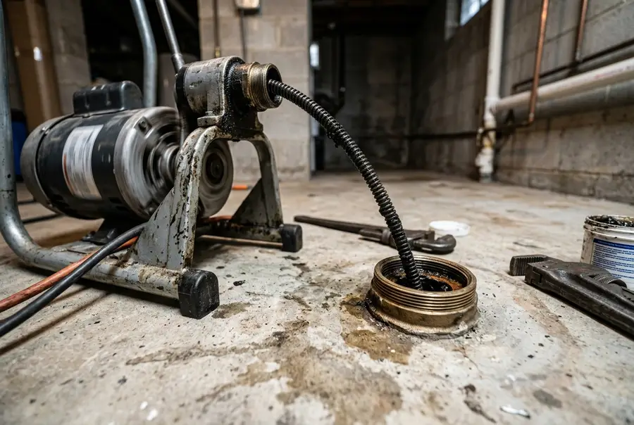 a drain machine cable feeding into an open basement floor cleanout threaded into its live drain line, the machine running on the concrete beside it, low angle