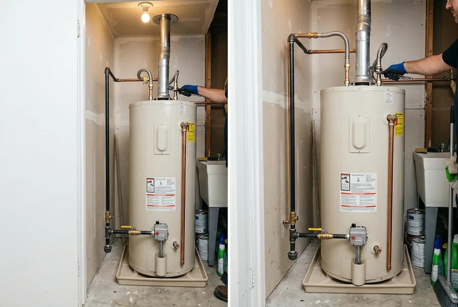 a newly installed water heater in a utility closet with flex connectors joined at both top fittings, gas line with drip leg connected and T and P discharge piped to the floor