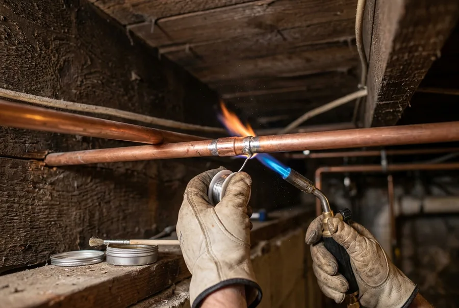 gloved hands finishing a repaired copper joint mid-run in a basement ceiling bay, pipe continuing out of frame on both sides, small torch and flux tin just in shot, macro